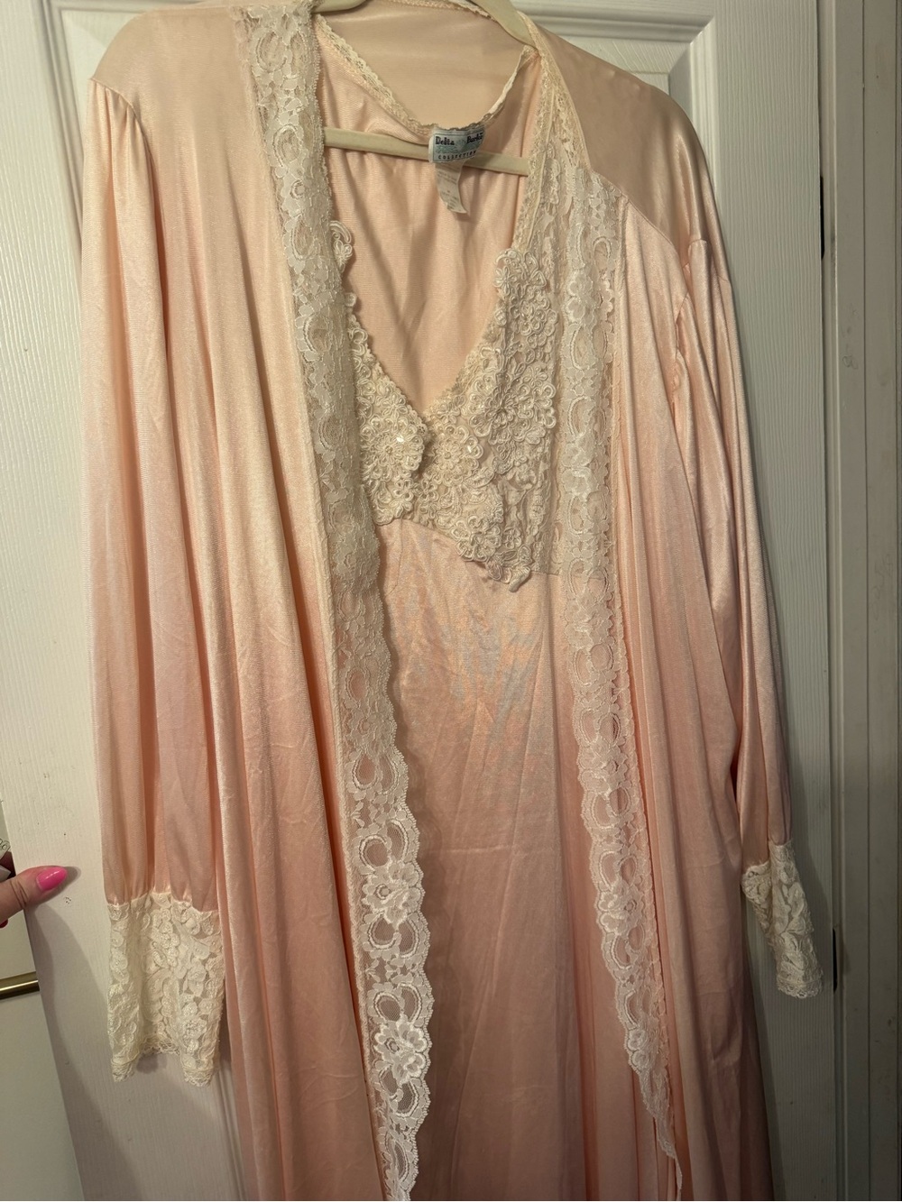 Vintage Pink Satin Nightgown and Lace-Trim Robe Set
